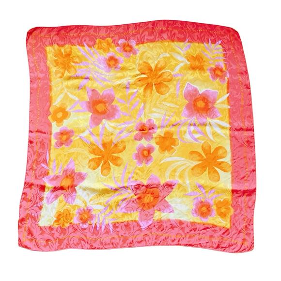 VTG 100% Pure Silk Reine Seide Scarf Tropical Floral Jacquard Pink Orange Square - Picture 5 of 10